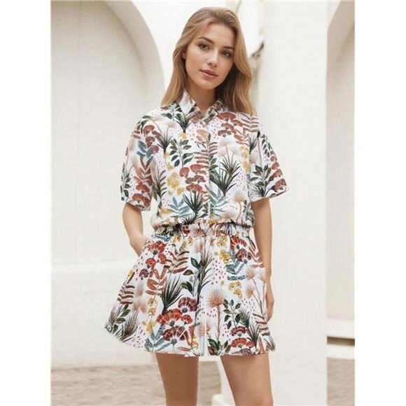 NewLeafAll Over PrintFloralBohoBeltedButtonButton FrontBeach